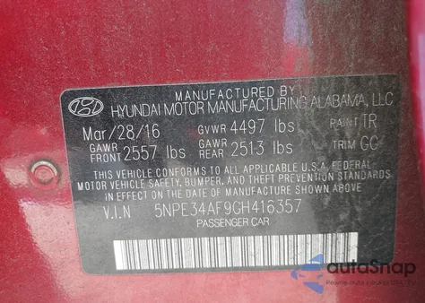 2016 Hyundai Sonata Sport из США, поврежденный, VIN 5NPE34AF9GH416357